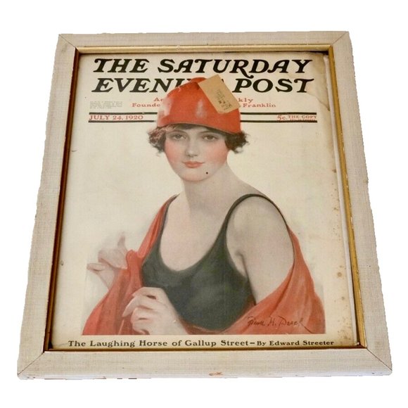 ANTIQUE 1920 SATURDAY EVENING POST~Bathing Beauty~FRAMED ORIGINAL COVER - Picture 2 of 4